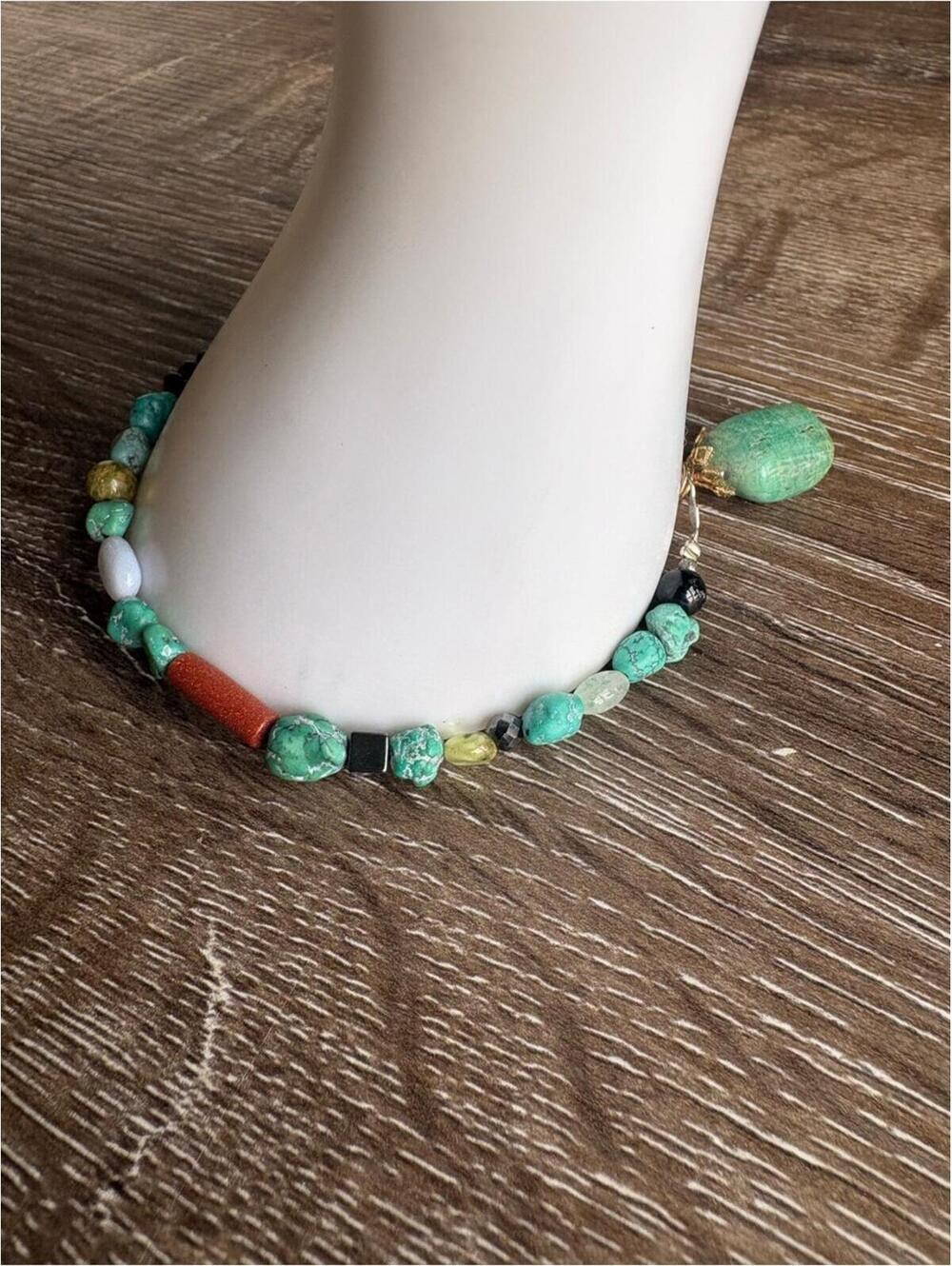 Turquoise Bead Bracelet with Green and Coral Accents